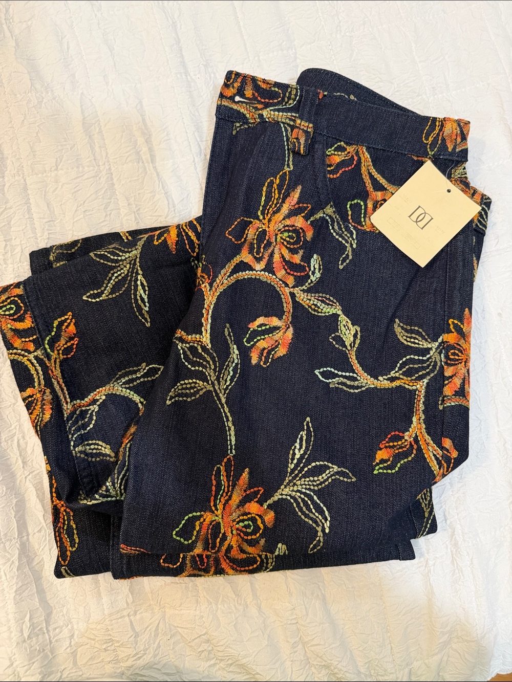 Doncaster Navy Flare Jeans with Orange & Green Floral Embroidery